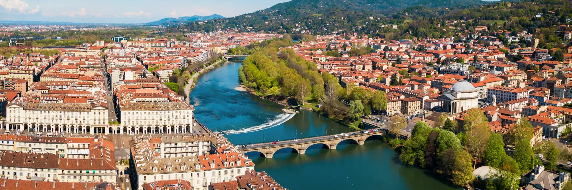 the po river aerial panoramic view in the centre of turin city piedmont region of italy