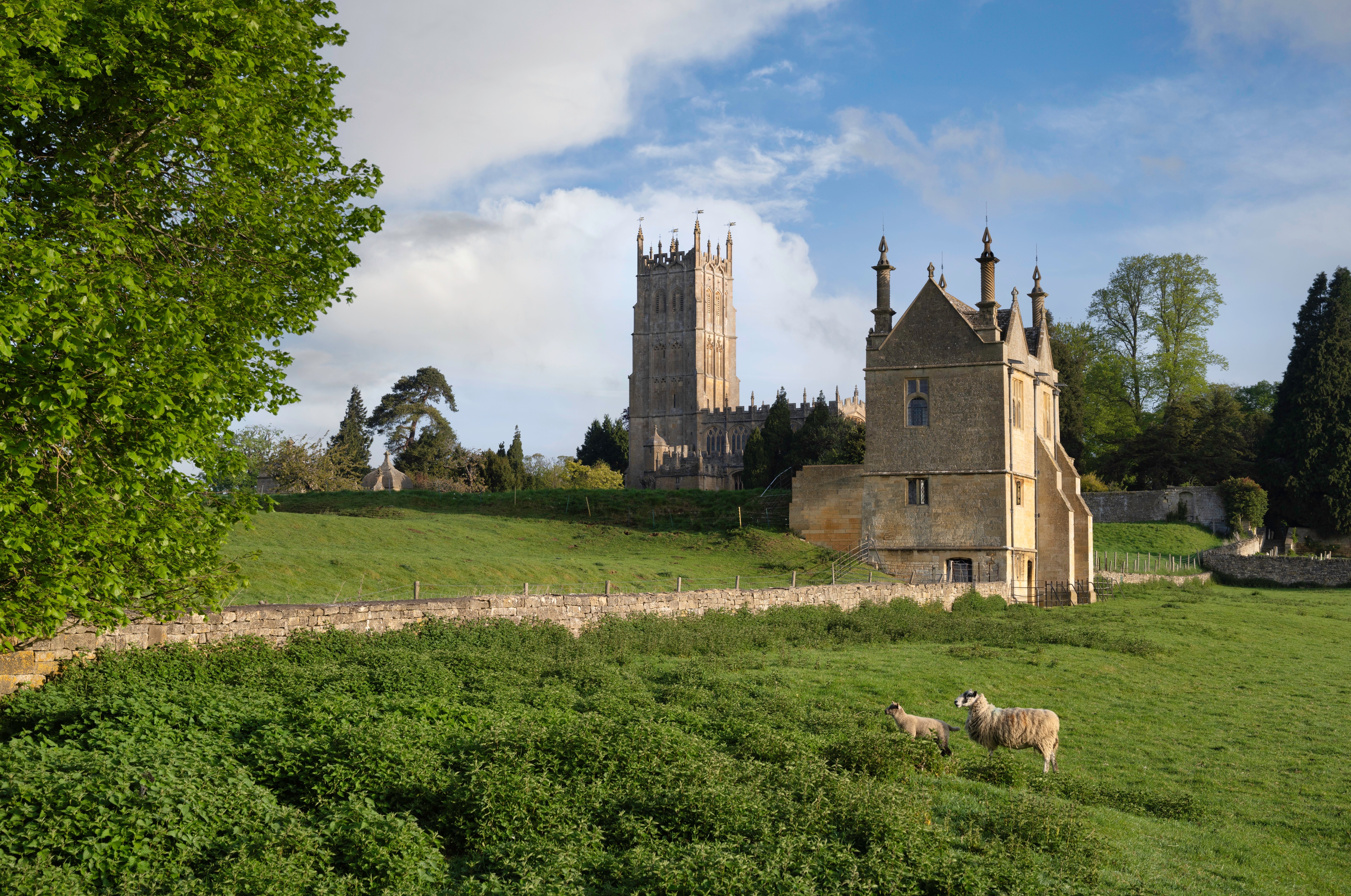 banqueting house and church at chipping campden cotswolds england