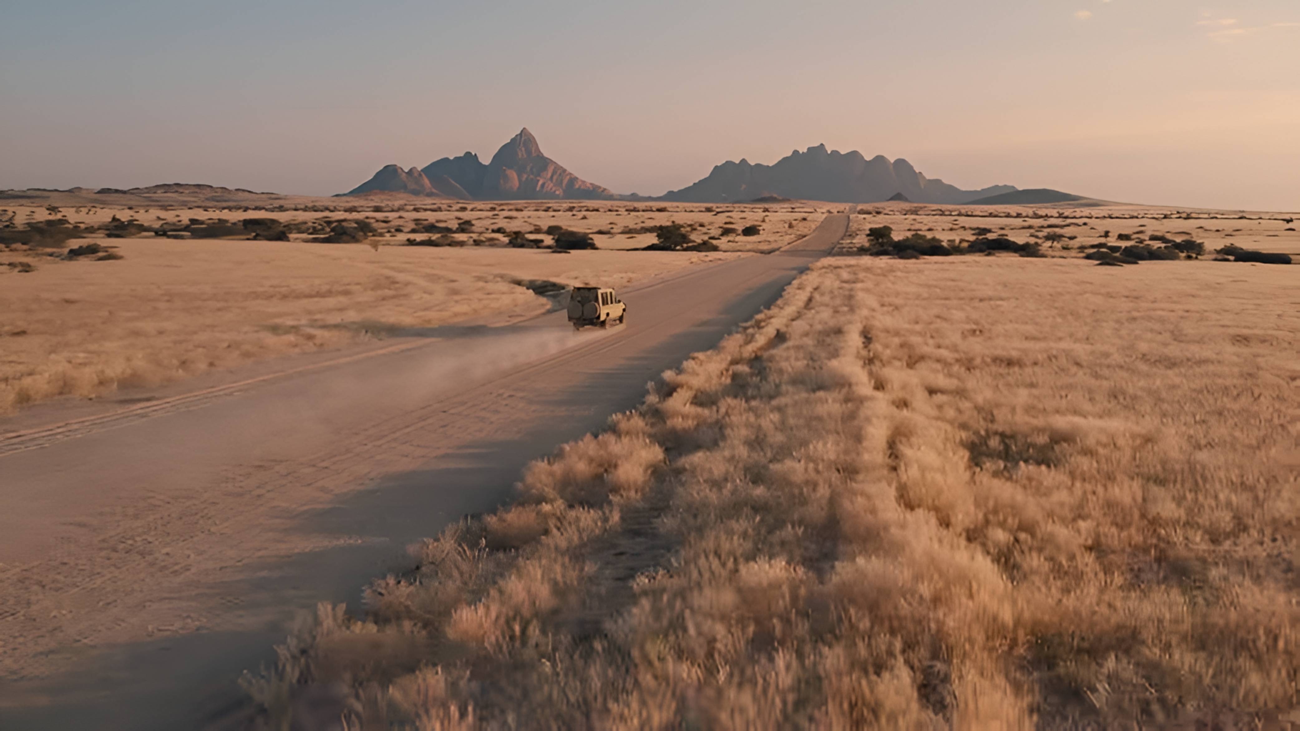 in this picture from namibia a car travels down a dusty unpaved road that stretches into the distance