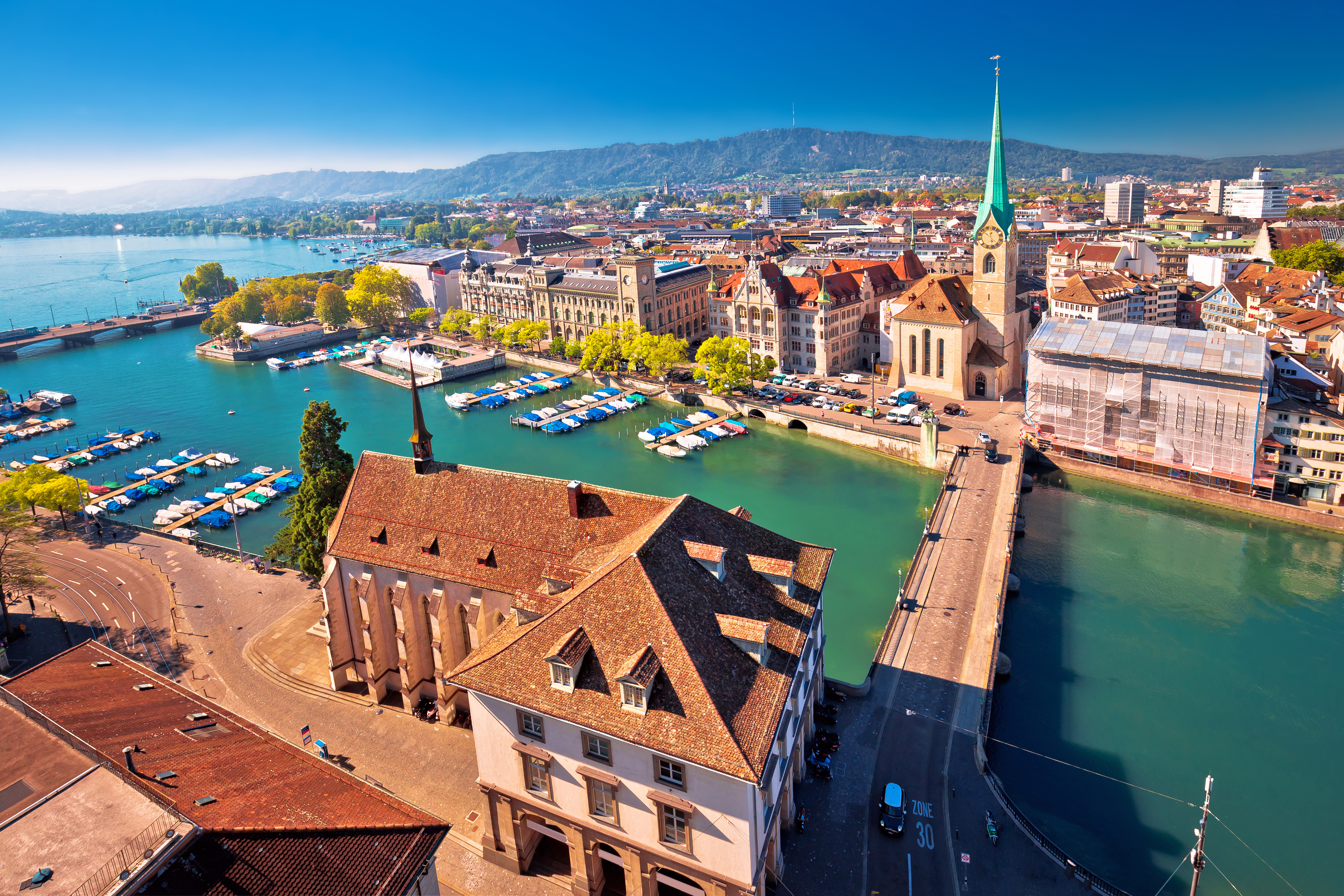 zurich and limmat river waterfront aerial view largest city in switzerland